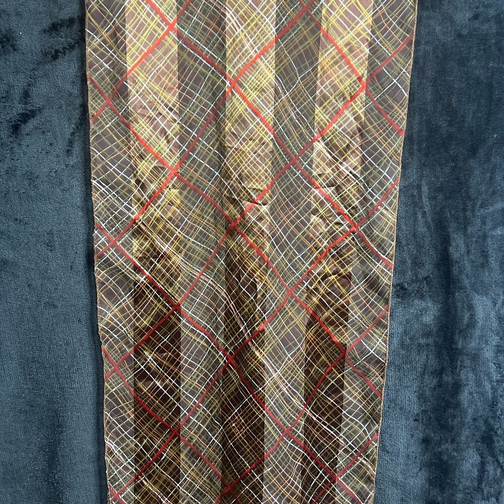 Pre-Owned Sheer Brown Plaid Scarf 14x60 Made in Korea 100% Polyester RN95374